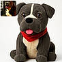 adorable, animal, black_and_white, brown, comparison, cute, dog, large_eyes, pet, plush_toy, portrait, real_dog, red_bandana, sitting, smiling, soft_texture, stuffed_animal, tongue_out, toy, white_background