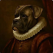 Buford is registered to the contest to win money with this photo: animal, artistic, brown, canine, classic, closeup, clothing, costume, dog, face, historical, indoor, noble, portrait, renaissance, ruffled_collar, serious, studio, texture, vintage_style