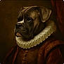 animal, artistic, brown, canine, classic, closeup, clothing, costume, dog, face, historical, indoor, noble, portrait, renaissance, ruffled_collar, serious, studio, texture, vintage_style