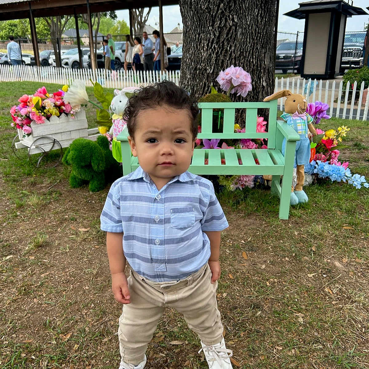 Jack Nolen joined the competition — help win amazing prizes! background, bench, child, clothing, curly_hair, daytime, flowers, grass, greenery, nature, outdoor, pants, park, people, shirt, shoes, stuffed_animals, toddler, toy, tree