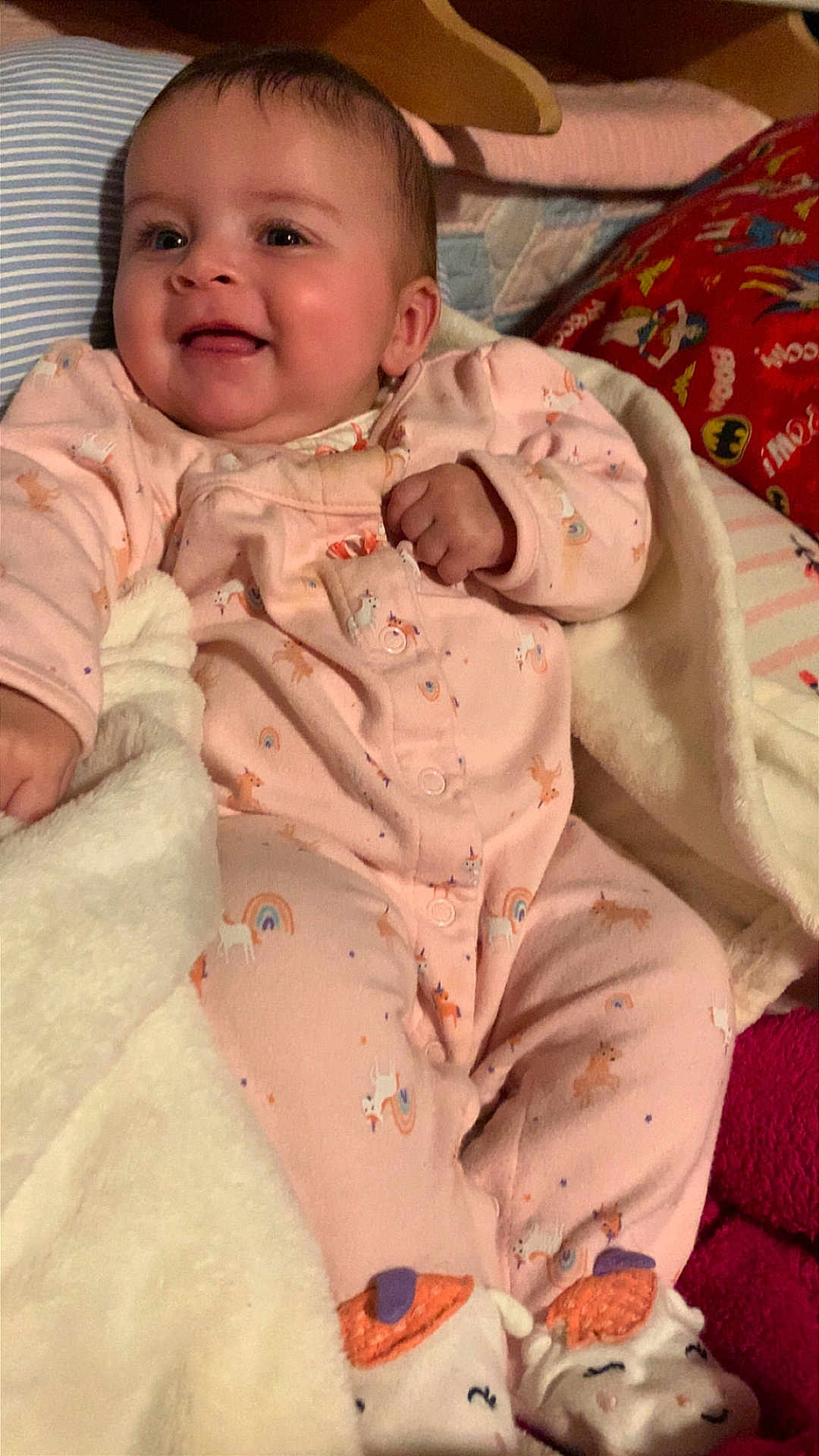 Mercedes joined the competition — help win amazing prizes! baby, child, pajamas, unicorn, rainbow, blanket, smiling, cute, infant, footwear, soft, cozy, bed, sleepwear, happy, face, person, indoors, comfort, warm