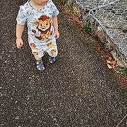 Matys a rejoint le concours — aidez-le/la à gagner de superbes lots ! blonde_hair, casual, child, clothing, curious, daylight, greenery, lion_king, metal_net, nature, outdoor, pavement, sandals, shorts, side_view, standing, stone_wall, toddler, tshirt, young