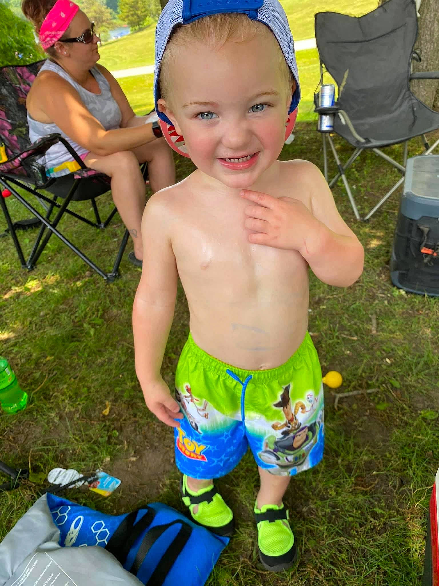 Sean joined the competition — help win amazing prizes! blue, chair, chest, child, electric_blue, event, folding_chair, fun, grass, green, happy, hat, head, headwear, joy, leisure, person, recreation, shorts, smile