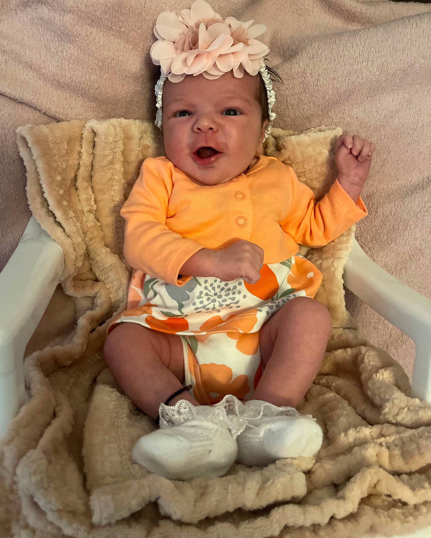 Aurora is registered to the contest to win money with this photo: baby, baby_toddler_clothing, beauty, cheek, child, eye, face, happy, head, headband, headpiece, headwear, iris, jewellery, organ, person, pink, plant, skin, sleeve