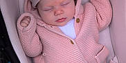 Bayley joined the competition — help win amazing prizes! baby, blanket, blue_cover, child, cozy, cute, face, hands, hat, indoors, infant, knitted_hoodie, newborn, peaceful, pink_clothing, portrait, resting, sleeping, soft, stroller