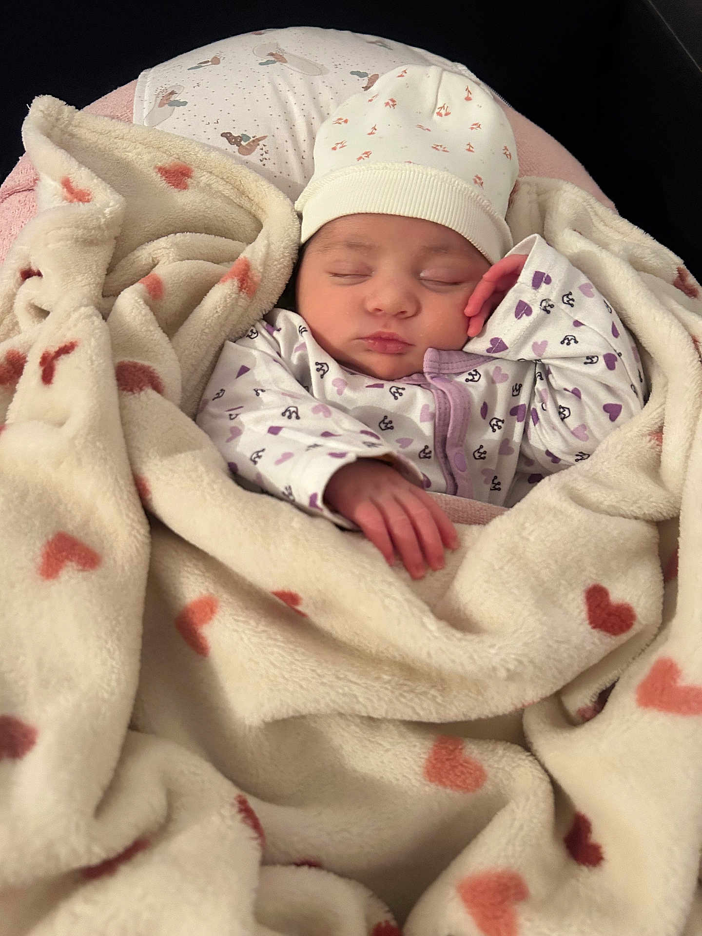 Elya participe au concours pour gagner de l'argent avec cette photo : baby, newborn, infant, sleeping, blanket, heart_pattern, onesie, hat, hand, closed_eyes, cozy, soft_texture, bedding, portrait, closeup, pink, white, fabric, nursery, peaceful