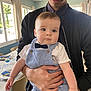 baby, child, adult, glasses, indoor, window, table, chair, clothing, bow_tie, romper, hand, face, person, dining, plate, napkin, glass, curtain, event