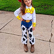 Jazmyn is registered to the contest to win money with this photo: child, costume, cowboy, hat, sidewalk, grass, tree, boots, pants, shirt, belt, outdoor, pose, smile, suburb, residential, greenery, young, fashion, portrait