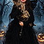 child, cat, costume, halloween, pumpkin, jack_o_lantern, full_moon, bats, dark_forest, haunted_house, black_dress, horns, face_paint, spooky, night, fog, holding, pet, portrait, scary