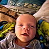 Gabriel joined the competition — help win amazing prizes! baby, infant, child, face, portrait, indoors, blanket, bedding, clothing, onesie, lying_down, close_up, looking_at_camera, curious, sleepy, head, eyes, mouth, soft_lighting, home