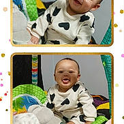 Carmine joined the competition — help win amazing prizes! baby, baby_play, blanket, child, clothing, colorful, confetti, cute, gold_frame, happy, heart_pattern, indoor, infant, person, play_mat, portrait, sitting, smiling, soft_toy, toy