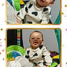 baby, baby_play, blanket, child, clothing, colorful, confetti, cute, gold_frame, happy, heart_pattern, indoor, infant, person, play_mat, portrait, sitting, smiling, soft_toy, toy