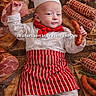 baby, chef_hat, red_scarf, striped_apron, sausage, cured_meat, charcuterie, wooden_board, cutting_board, rustic, food, smile, costume, infant, clothing, person, portrait, kitchen, gourmet, meat