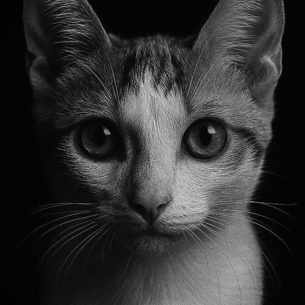 Afonso participe au concours pour gagner de l'argent avec cette photo : animal, black_and_white, cat, close_up, cute, dark_background, detail, ears, eyes, face, feline, fur, looking, mammal, pet, portrait, sharp, studio, texture, whiskers