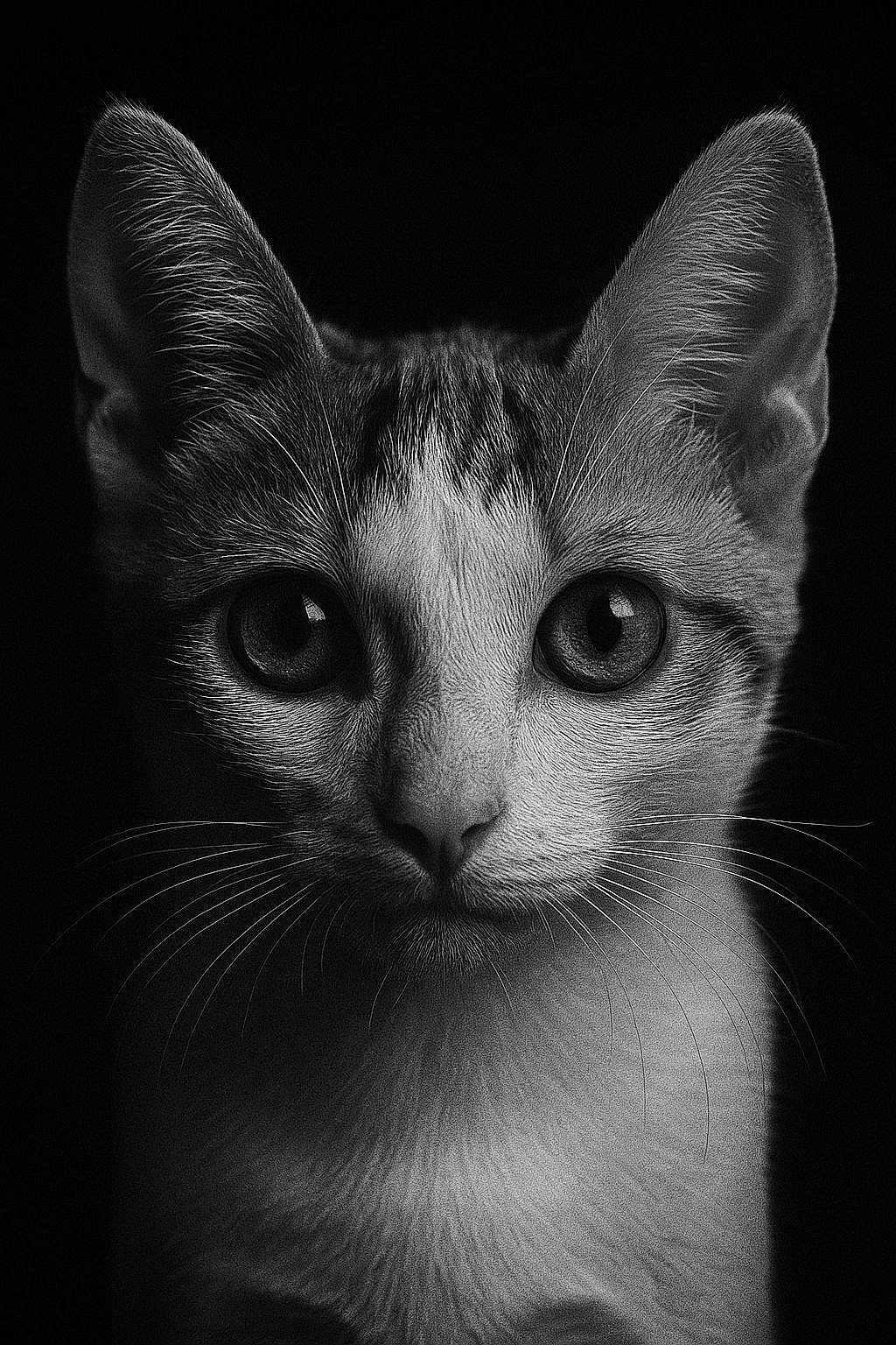 Afonso participe au concours pour gagner de l'argent avec cette photo : cat, close_up, black_and_white, portrait, animal, whiskers, ears, eyes, feline, face, fur, pet, looking, studio, dark_background, sharp, texture, detail, mammal, cute