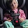 baby, boots, car_interior, car_seat, child, cozy, cute, fur_boots, green_pants, hat, pink_sweater, portrait, rest, safety, seat, seatbelt, sleeping, toddler, window, winter_clothing