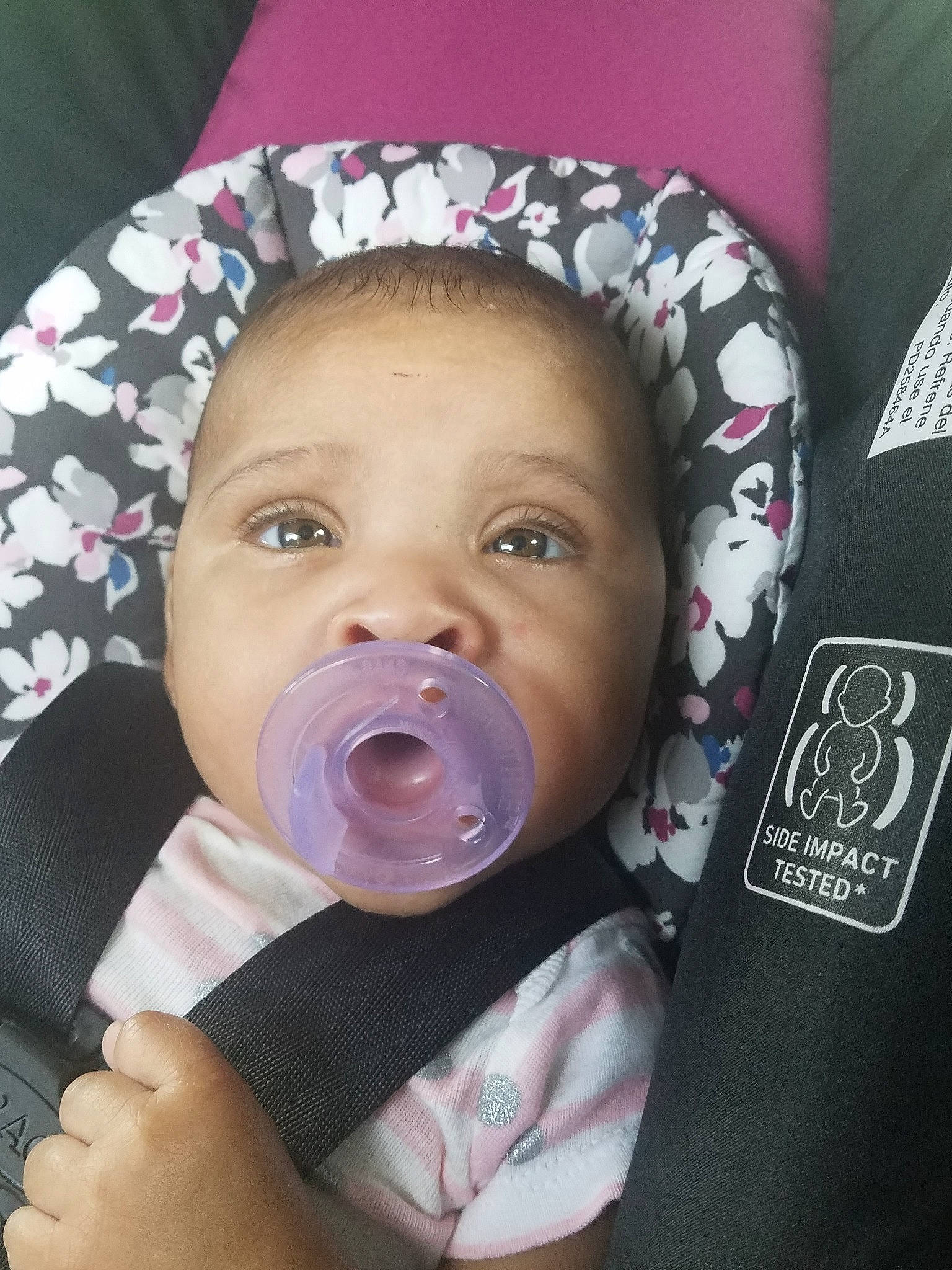 Adriannah joined the competition — help win amazing prizes! baby, car_seat, cheek, child, face, head, mouth, nose, person, toddler, tongue