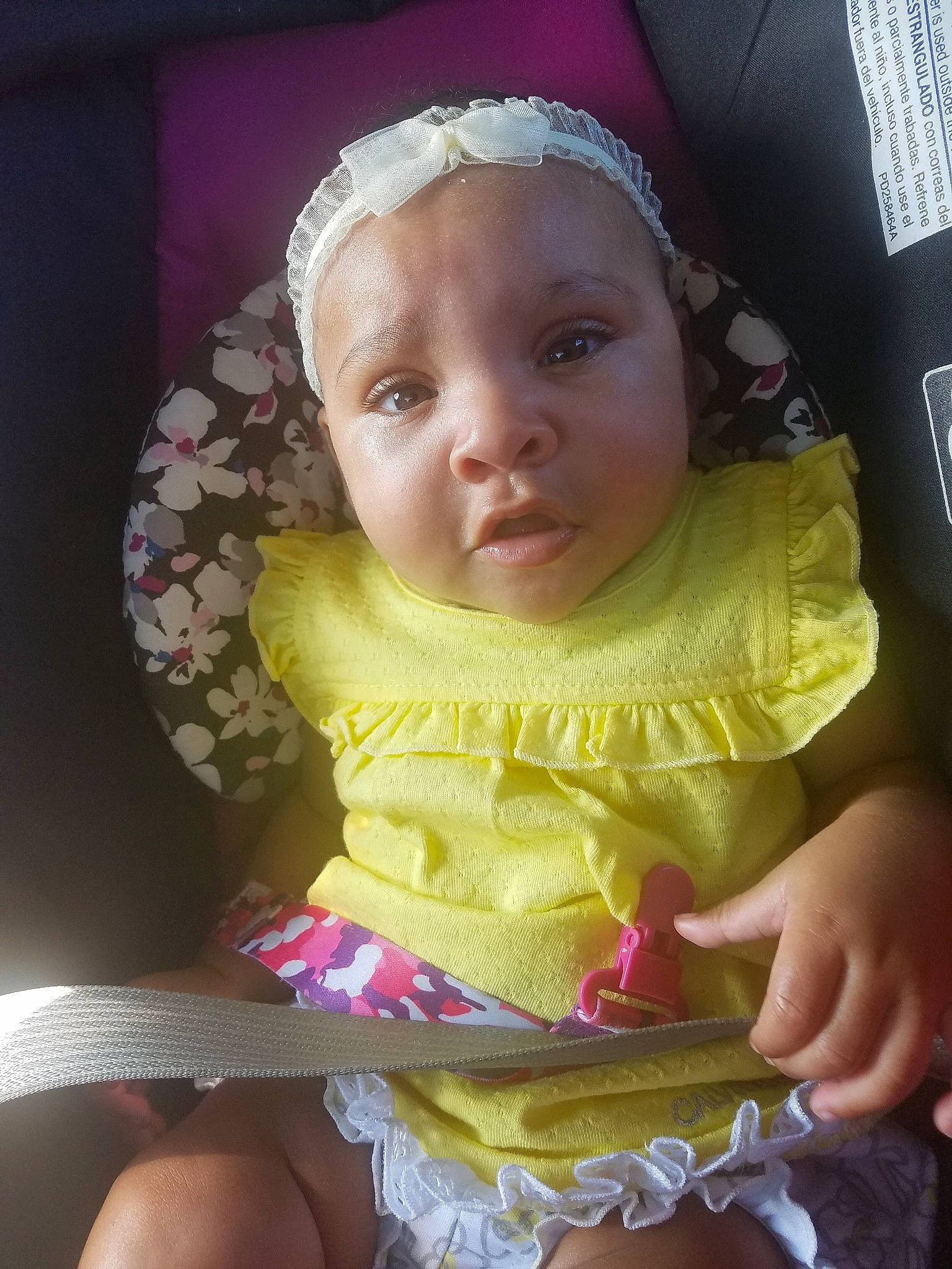 Adriannah joined the competition — help win amazing prizes! baby, baby_products, cheek, child, eye, hair_accessory, headband, person, pink, product, skin, smile, toddler, yellow