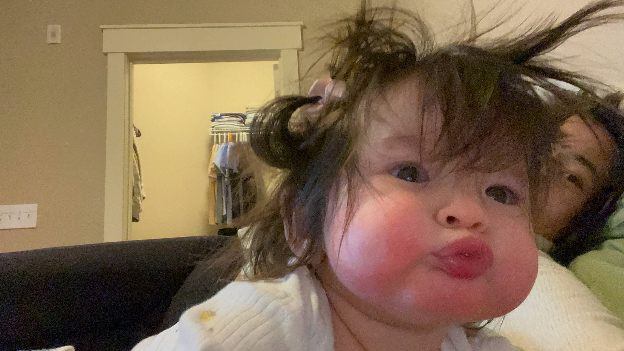 Vienna is registered to the contest to win money with this photo: baby, bangs, brown_hair, cheek, child, comfort, ear, eyelash, fun, hair_coloring, happy, iris, jaw, lip, neck, nose, person, room, selfie, smile