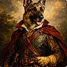 Dillinger Atticuss joined the competition — help win amazing prizes! animal_portrait, brown, canine, cape, clouds, costume, dog, german_shepherd, gloves, historical_clothing, leather, musketeer, noble, outdoor_background, painting_style, portrait, red, smiling, trees, vintage