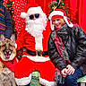 Dillinger Atticuss joined the competition — help win amazing prizes! celebration, christmas_decorations, costume, dog, festive, german_shepherd, happy, holiday, indoor, leather_jacket, people, pet, portrait, red_background, santa_claus, santa_hat, scarf, seasonal, smiling, woman