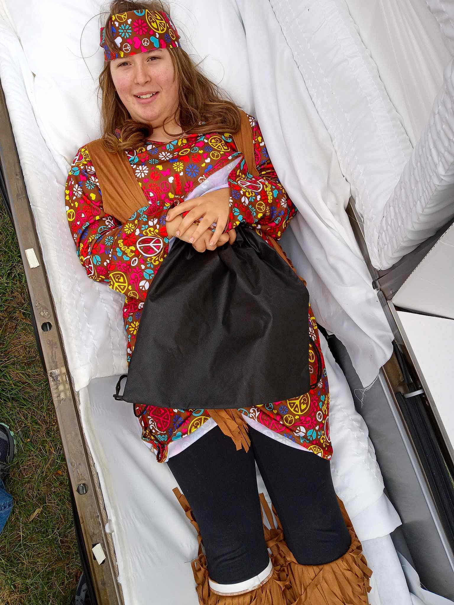 Jalena joined the competition — help win amazing prizes! bag, child, costume, event, fashion_accessory, fashion_design, formal_wear, fun, headgear, headwear, human_leg, jewellery, joy, magenta, orange, pattern, peach, person, sleeve, thigh