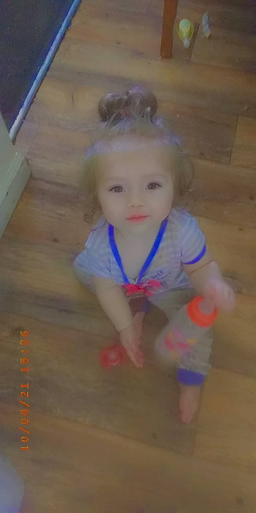 Jayleigh La'Chell joined the competition — help win amazing prizes! baby, baby_products, baby_toddler_clothing, cheek, child, electric_blue, floor, flooring, fun, happy, hardwood, human_leg, nose, person, room, sitting, smile, standing, toddler, wood
