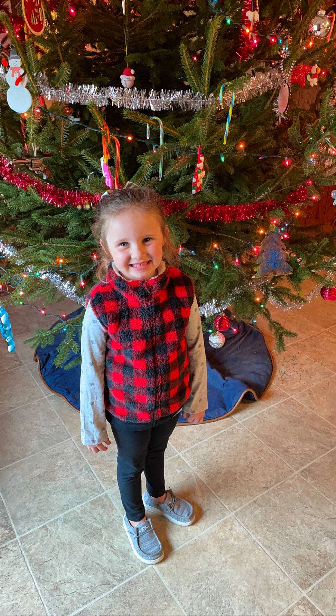 Daisy is registered to the contest to win money with this photo: branch, christmas_ornament, christmas_tree, clothing, face, facial_expression, hair, happy, head, holiday_ornament, human_body, joy, ornament, person, plaid, plant, shoe, sleeve, smile, standing