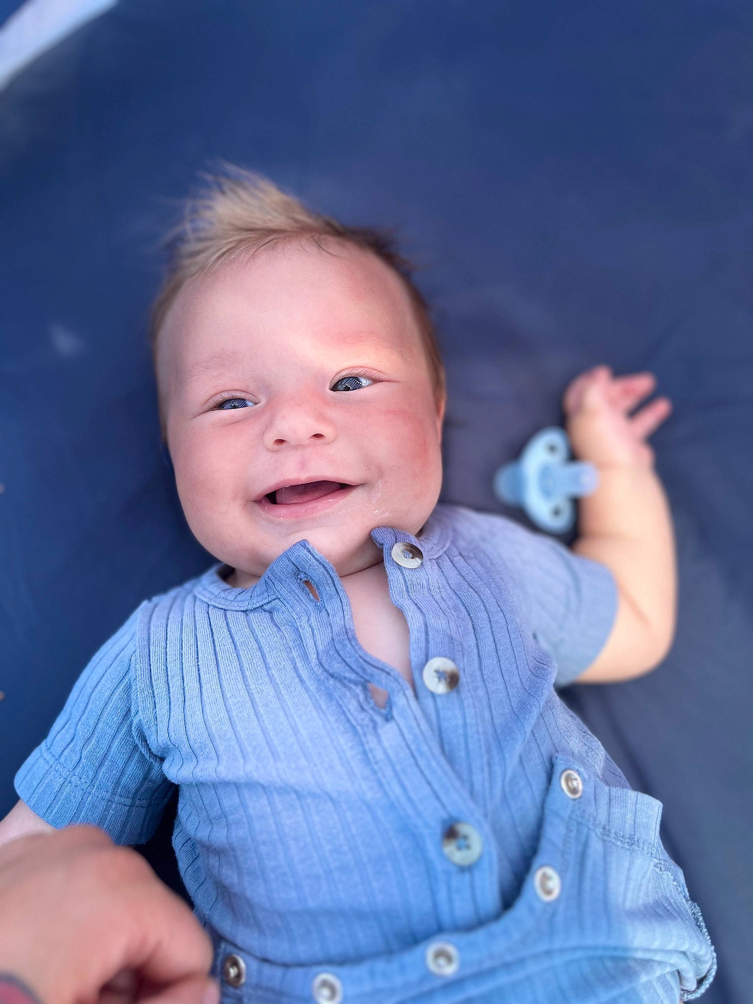 Fletcher is registered to the contest to win money with this photo: arm, azure, baby_toddler_clothing, cheek, clothing, dress_shirt, facial_expression, finger, flash_photography, gesture, hand, happy, iris, lip, neck, nose, person, skin, sleeve, smile