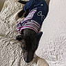 Balou a rejoint le concours — aidez-le/la à gagner de superbes lots ! dog, black_dog, sleeping, lying_down, pet, clothing, striped_shirt, navy_shorts, bed, bedspread, white_bedding, textured_fabric, indoors, home, relaxed, resting, cute, fashionable, portrait, animal