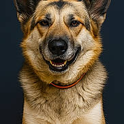 Zoey joined the competition — help win amazing prizes! dog, canine, pet, portrait, smiling, fur, ears, collar, animal, studio, closeup, friendly, alert, brown, beige, black, muzzle, nose, teeth, background