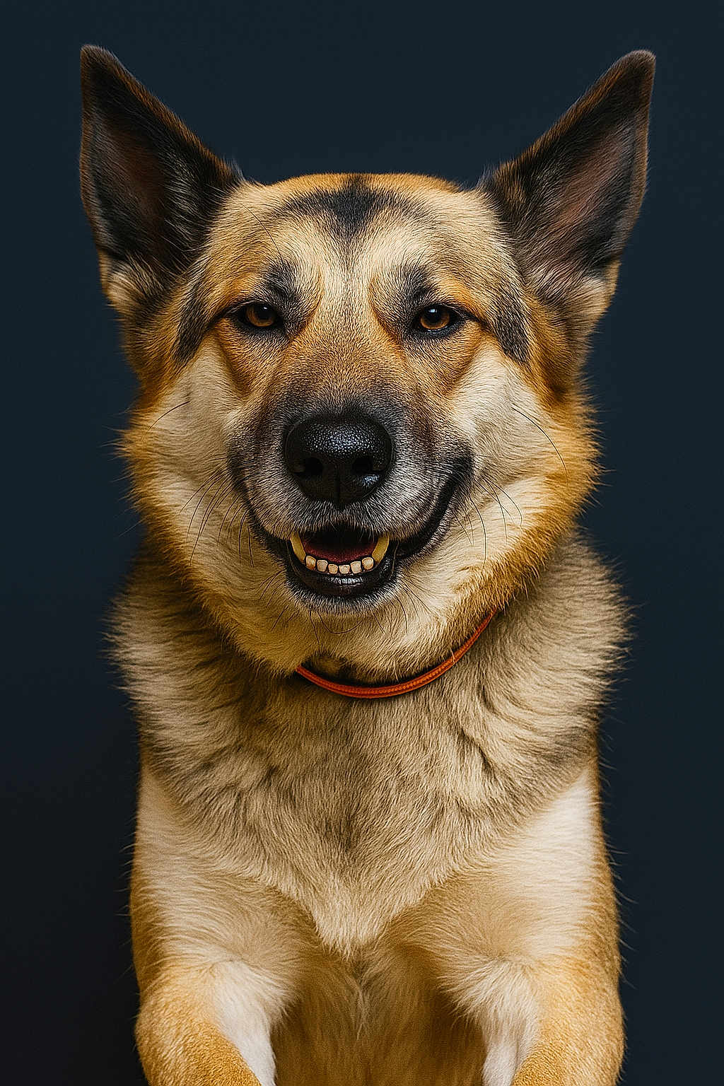 Zoey joined the competition — help win amazing prizes! dog, canine, pet, portrait, smiling, fur, ears, collar, animal, studio, closeup, friendly, alert, brown, beige, black, muzzle, nose, teeth, background