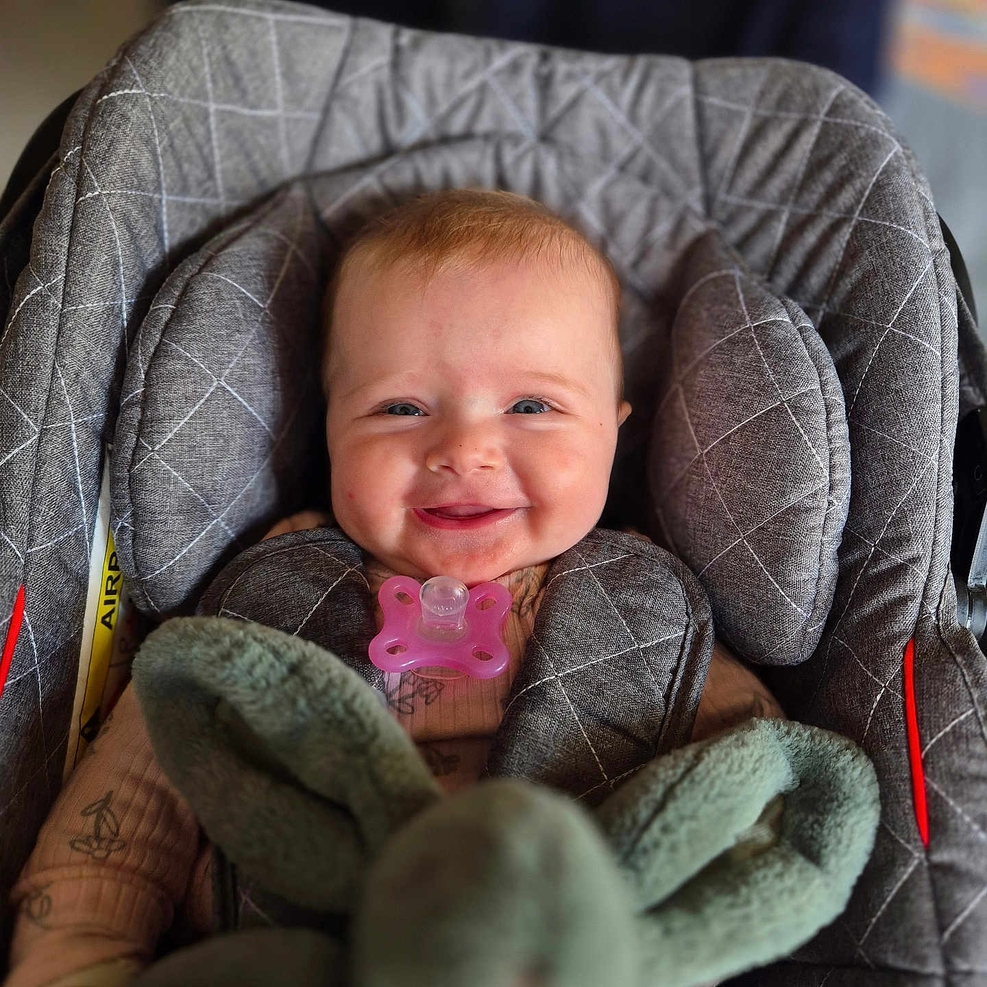Freyja a rejoint le concours — aidez-le/la à gagner de superbes lots ! baby, car_seat, child, child_seat, closeup, comfort, cute, fabric, gray, happy, indoor, infant, pacifier, pink, plush_toy, portrait, seatbelt, smile, soft_toy, toy