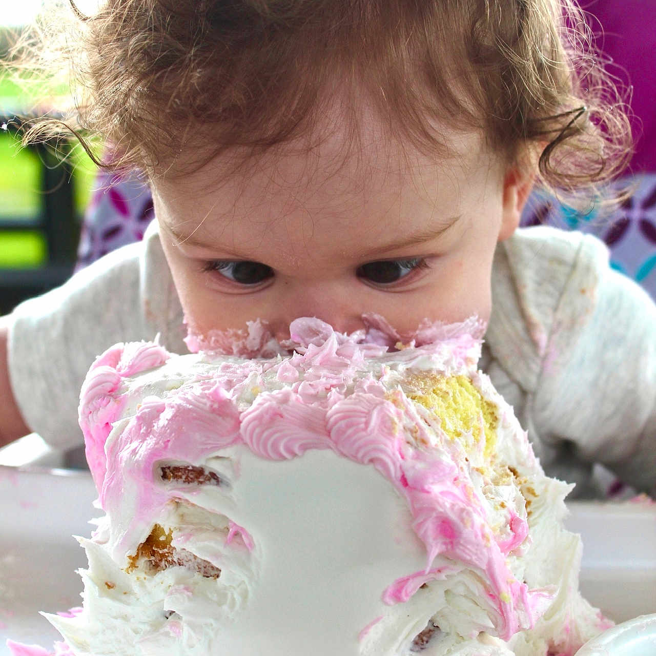 Presley joined the competition — help win amazing prizes! baby, birthdaycake, bodypart, cake, cream, dessert, eating, face, finger, food, hand, head, icecream, icing, meal, person, photography, portrait, smelling, whippedcream