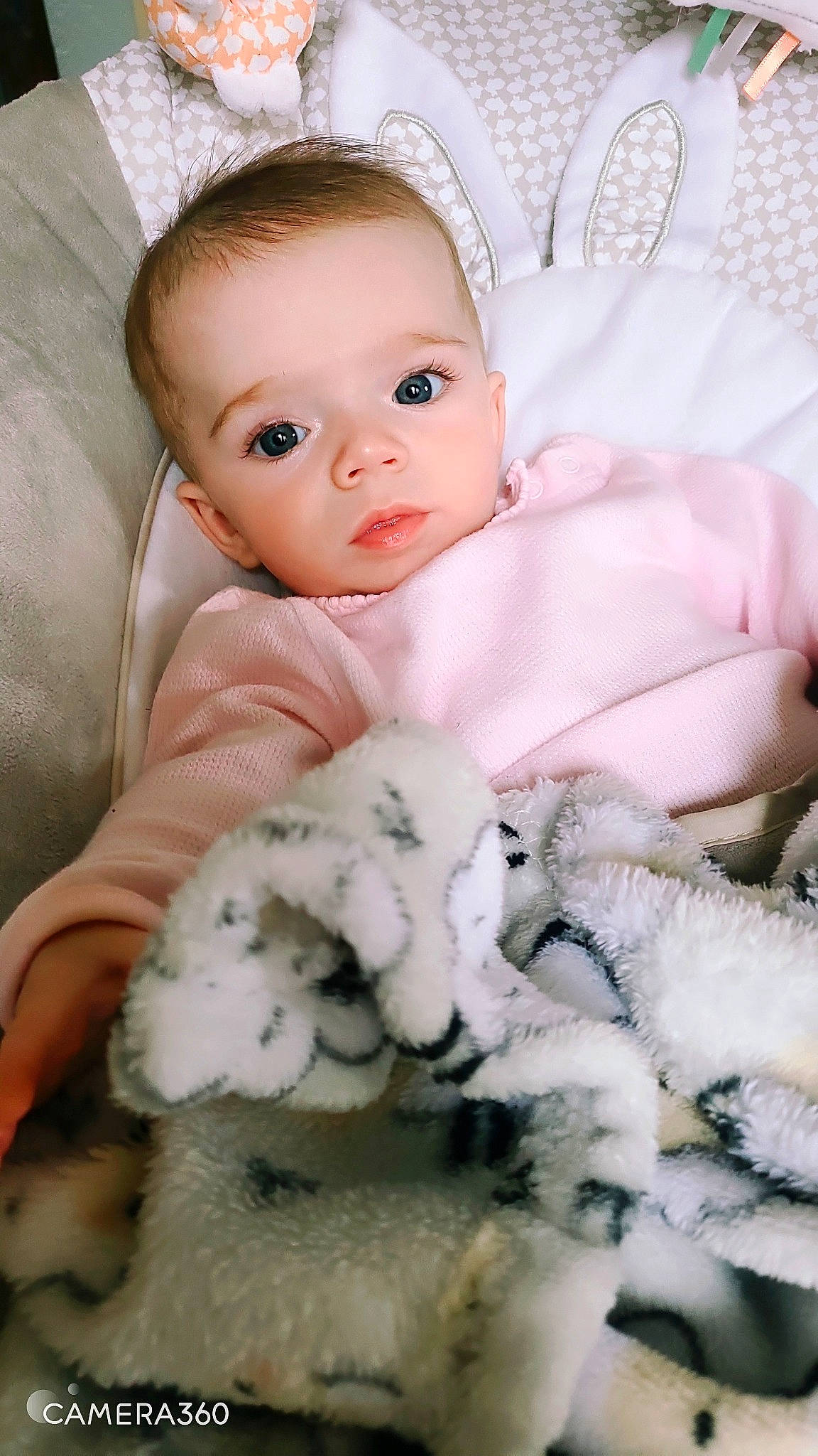 Adelyn joined the competition — help win amazing prizes! baby, baby_toddler_clothing, cheek, child, comfort, eye, eyelash, face, head, headgear, iris, linens, lip, person, pink, sitting, skin, textile, toddler, toy