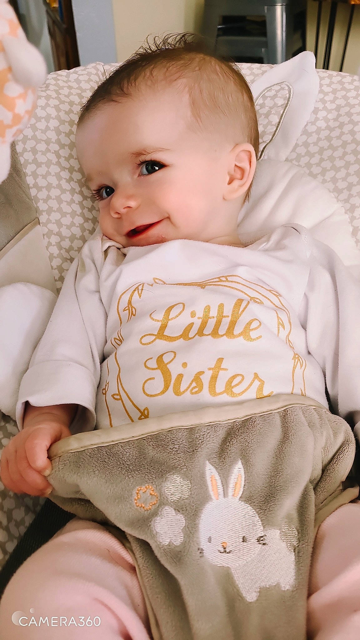 Adelyn joined the competition — help win amazing prizes! baby, baby_toddler_clothing, beauty, cheek, child, chin, comfort, eye, face, happy, head, iris, linens, pattern, person, product, skin, sleeve, smile, toddler