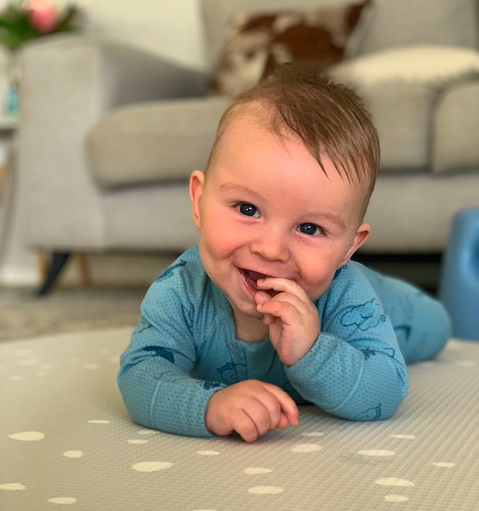 Bowie is registered to the contest to win money with this photo: cheek, chin, comfort, crawling, eye, eyebrow, face, finger, floor, flooring, hair, happy, head, iris, joy, mouth, nose, person, skin, smile