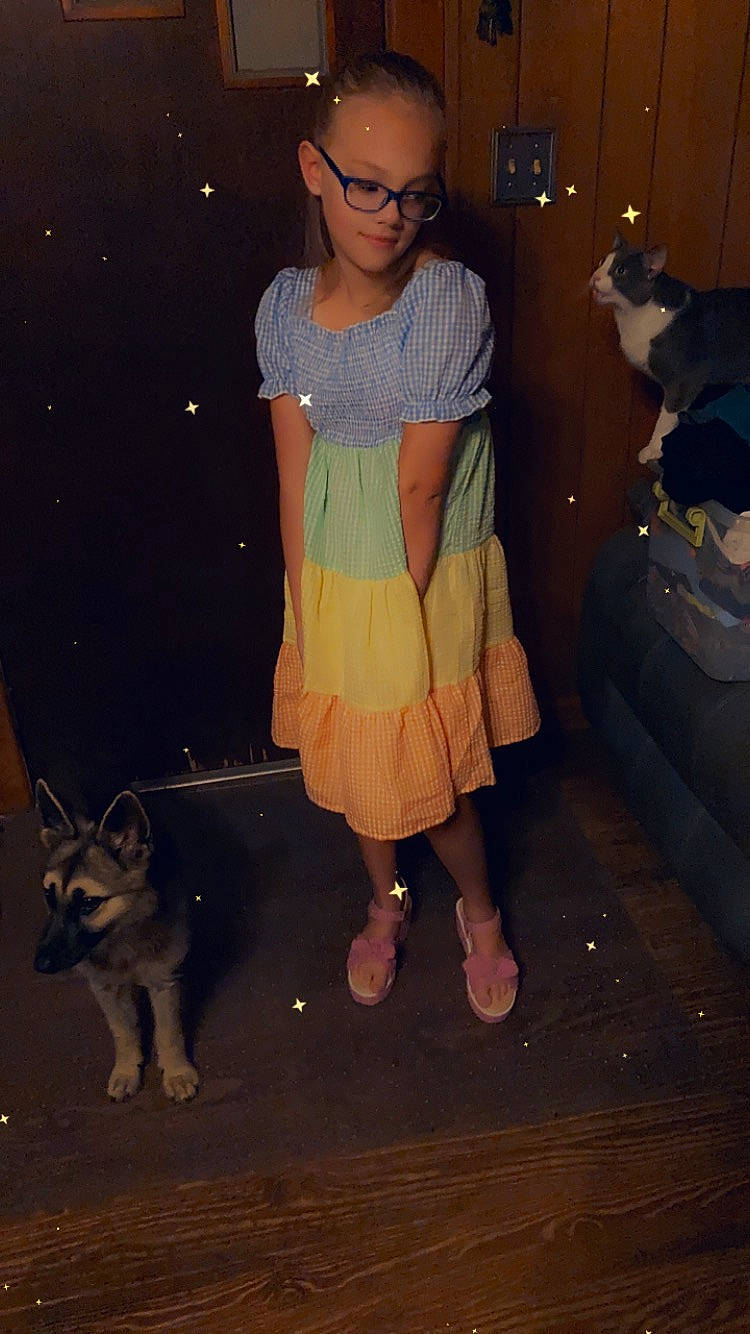 Elana is registered to the contest to win money with this photo: bag, dog, dog_breed, electric_blue, eyewear, fashion_accessory, fashion_design, fawn, flooring, fun, fur, human_leg, person, standing, sunglasses, tail, tints_and_shades, toddler, vintage_clothing, visual_arts