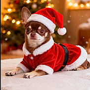 Pacco participe au concours pour gagner de l'argent avec cette photo : animal, bed, blurred_background, celebration, chihuahua, christmas, costume, cozy, cute, decorations, dog, festive, holiday, indoor, lights, pet, santa_costume, santa_hat, tree, winter
