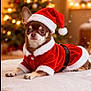animal, bed, blurred_background, celebration, chihuahua, christmas, costume, cozy, cute, decorations, dog, festive, holiday, indoor, lights, pet, santa_costume, santa_hat, tree, winter