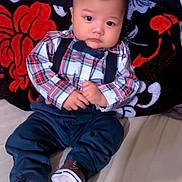 Eiden Ochoa joined the competition — help win amazing prizes! baby, child, plaid_shirt, bow_tie, suspenders, pants, shoes, bed, blanket, floral_pattern, indoor, cute, serious_expression, portrait, sitting, young_child, infant, person, clothing, footwear