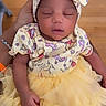 baby, newborn, infant, dress, yellow, bow, headband, sleeping, hand, cute, tulle, clothing, soft, peaceful, child, adorable, portrait, person, human, indoor