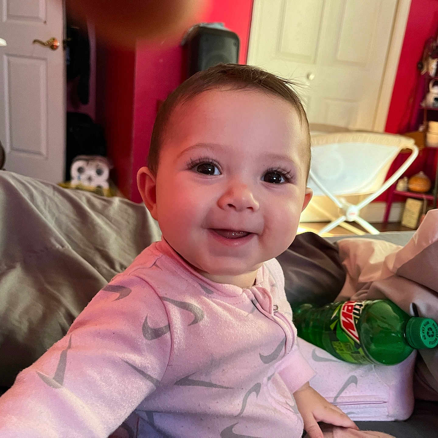 Nylah Geneva Philpot is registered to the contest to win money with this photo: applique, architecture, baby, babylaughing, balloon, basket, bed, bedroom, beverage, blanket, bodypart, bookcase, bottle, box, building, cabinet, chair, closet, clothing, coke