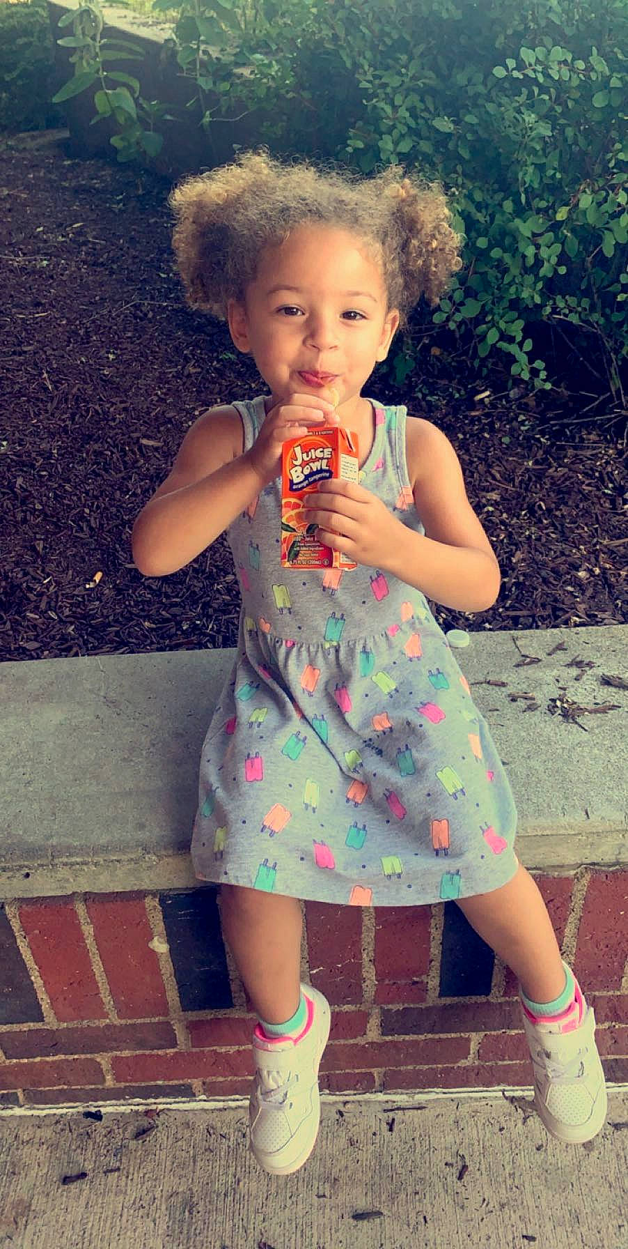 Analia joined the competition — help win amazing prizes! afro, child, child_model, dress, footwear, frozen_dessert, hairstyle, ice_cream, person, play, shoe, summer, toddler