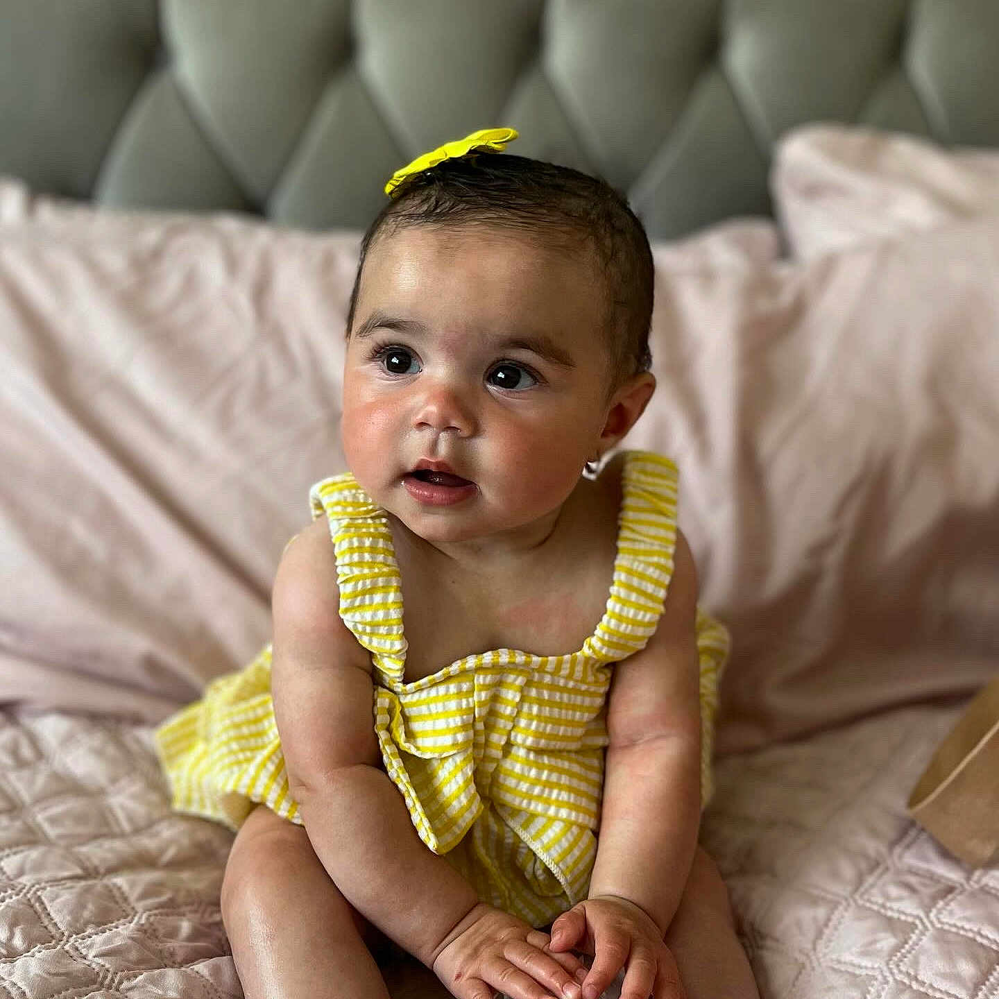 Amiyah joined the competition — help win amazing prizes! baby, babycrawling, babylaughing, biting, blackhair, clothing, couch, crawling, face, furniture, hair, happy, head, people, person, photography, portrait, sitting, sleeve, smile