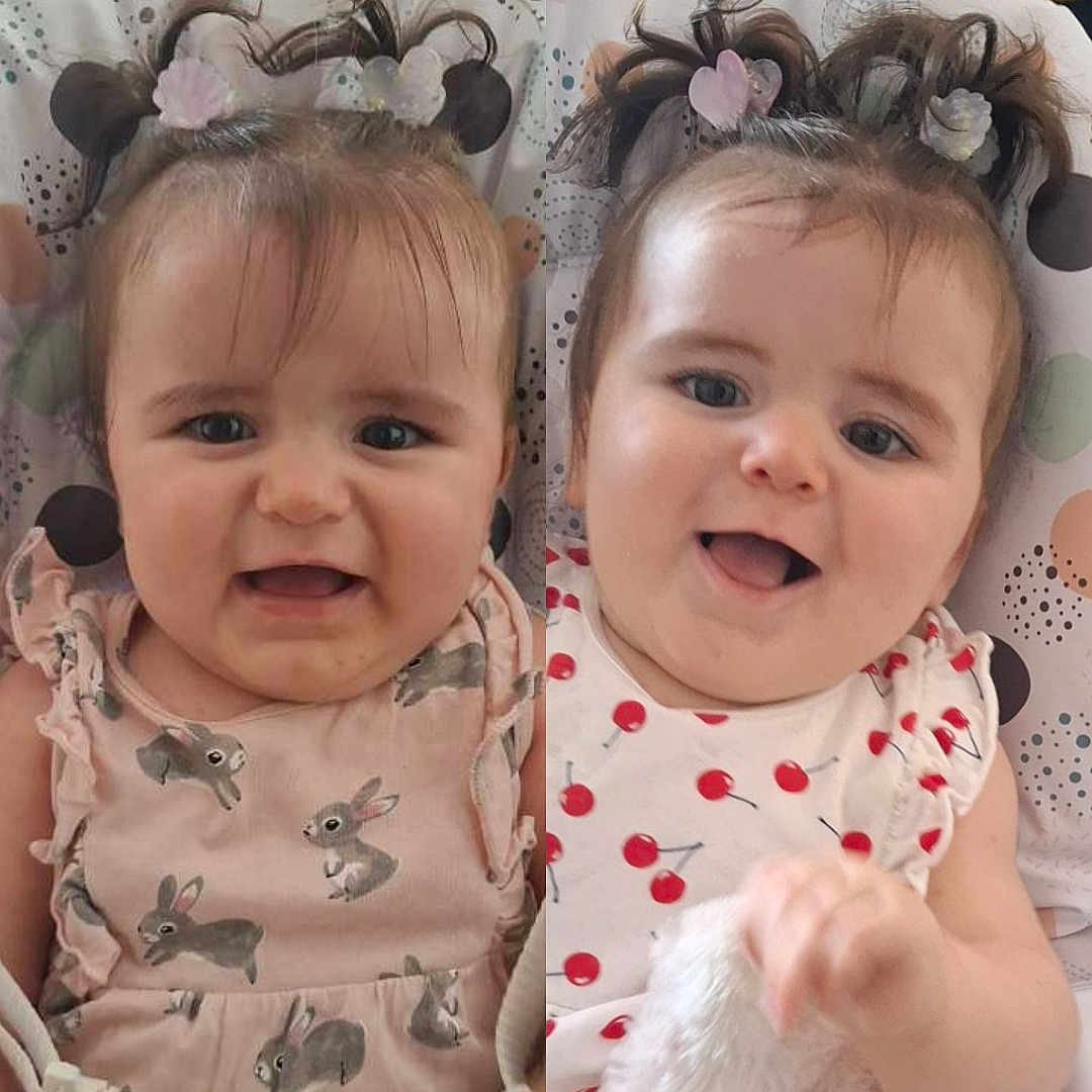 Mia Et Alba participe au concours pour gagner de l'argent avec cette photo : baby, blanket, child, clothing, cute, cute_outfit, expression, fun, hair_accessories, happy, high_chair, indoor, infant, joy, person, playful, portrait, seat_belt, smiling, toddler