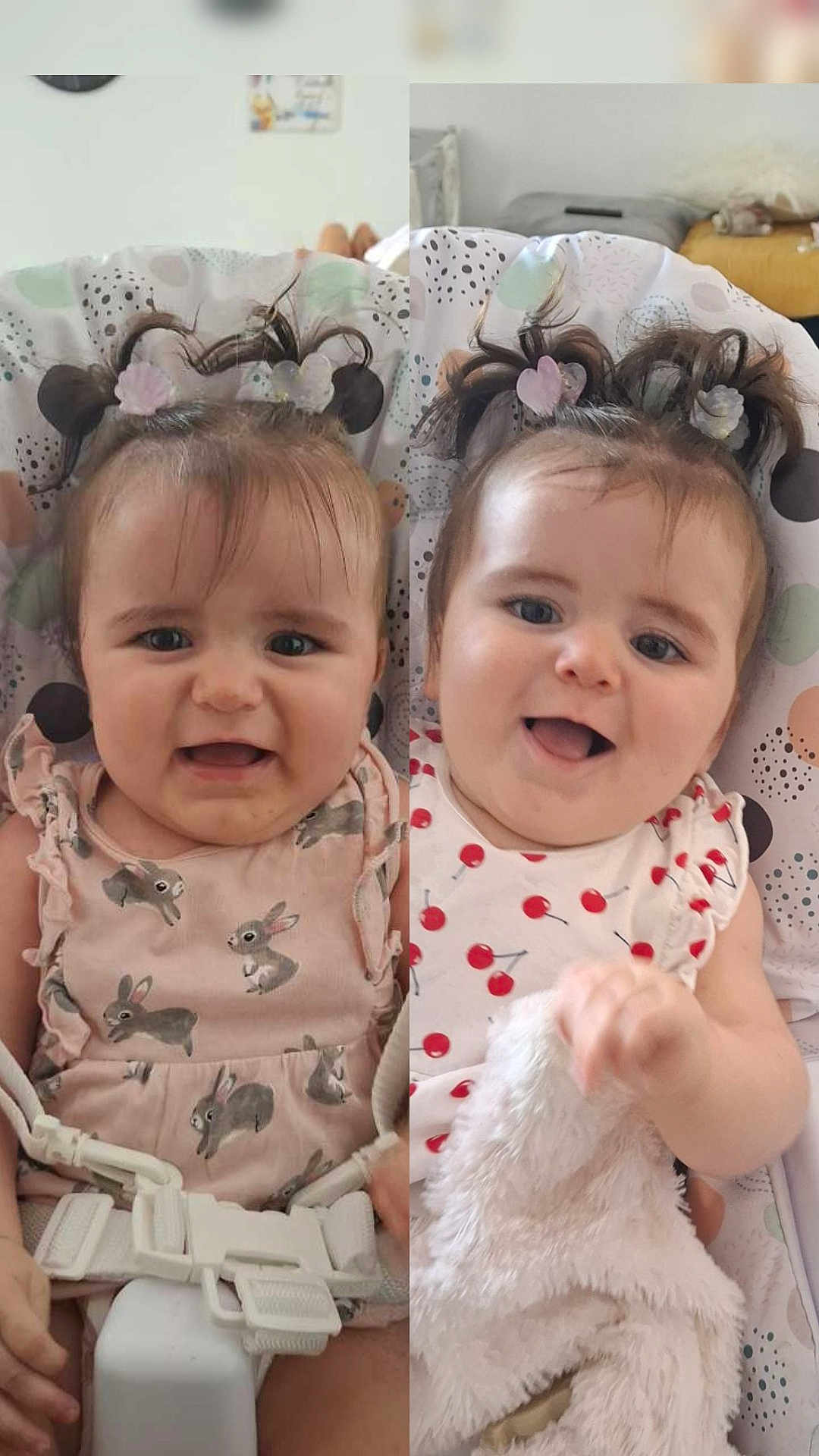 Mia Et Alba participe au concours pour gagner de l'argent avec cette photo : baby, child, high_chair, cute, smiling, happy, infant, hair_accessories, blanket, clothing, indoor, portrait, toddler, cute_outfit, playful, person, seat_belt, fun, joy, expression