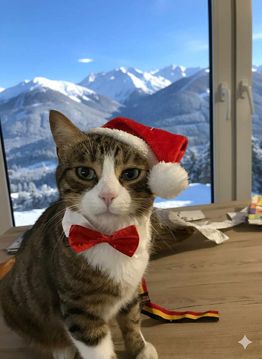 Raclette participe au concours pour gagner de l'argent avec cette photo : cat, tabby, santa_hat, bow_tie, indoor, table, window, mountains, snow, winter, holiday, pet, feline, domestic_animal, cute, animal, portrait, festive, decoration, cozy