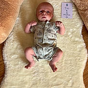 Lëlio participe au concours pour gagner de l'argent avec cette photo : baby, infant, onesie, plush, teddy_bear, milestone_card, floor, wooden_floor, rug, fluffy, cute, lying_down, child, newborn, soft_texture, animal_print, milestone, indoors, portrait, cozy