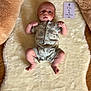 baby, infant, onesie, plush, teddy_bear, milestone_card, floor, wooden_floor, rug, fluffy, cute, lying_down, child, newborn, soft_texture, animal_print, milestone, indoors, portrait, cozy